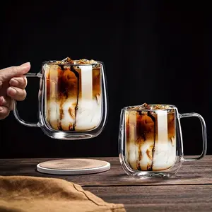2-Pack High Borosilicate Double-Wall Glass Cups, Double Walled Glass, Transparent Water Glasses with Handles, Clear Glass, Large Capacity, Heat Resistant, Ideal for Coffee Tea Smoothies Stylish Glass Cups