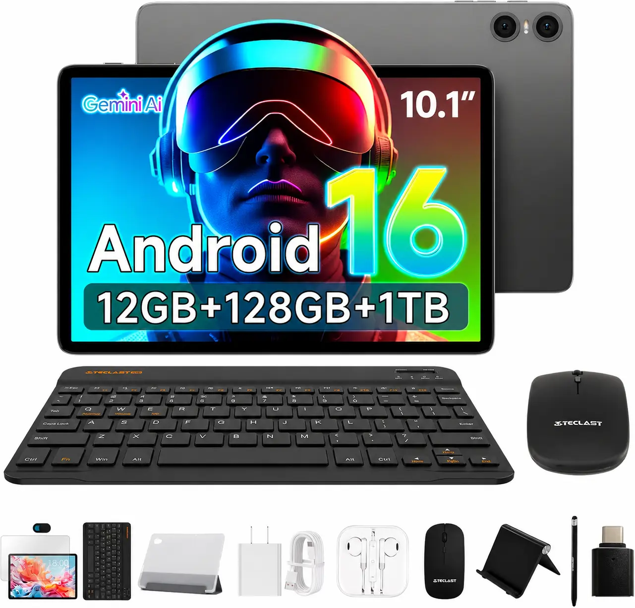 TECLAST 2026 Android 16 Tablet 10.1 Inch with Bluetooth Keyboard Bundle 12GB RAM + 128GB Storage (1TB Expandable), T7250 Octa-Core, 5G WiFi, Widevine L1, GPS, 6000mAh Battery  Ideal for School, Work