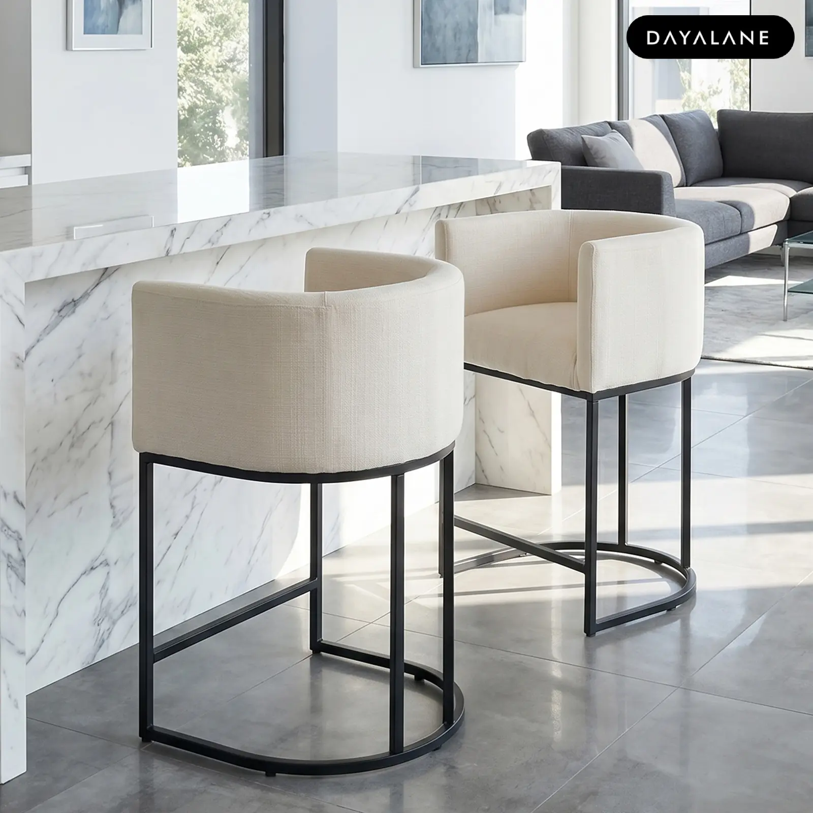 [SummerFinds]DAYALANE Vintle Bar & Counter Stool Modern Barrel Bar Stools For Christmas With Arm Upholstered Linen Chairs Gold Brass Frame for Kitchen Island Pub Dining Room Multiple Heights Easy Assemble Comfort Support