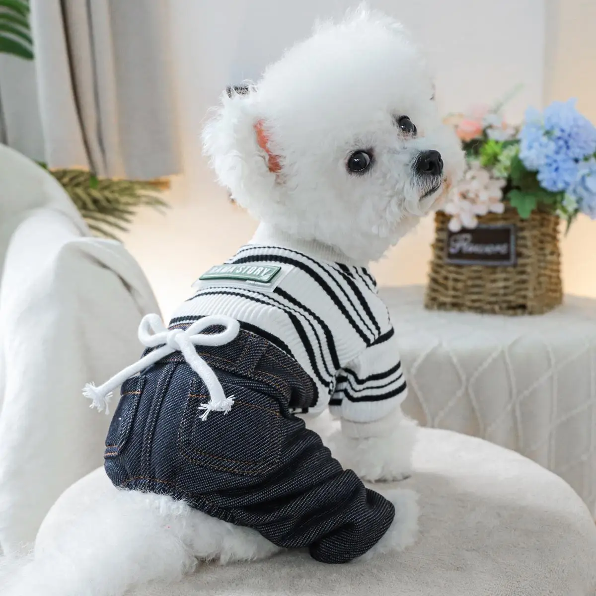 Striped Pattern Pet Jeans, Casual Comfortable Breathable Pet Denim Overalls, Pet Clothes for Small Dogs & Cats