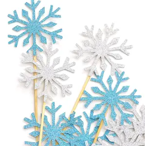 PartyWoo Frozen Cake Toppers - 20-Piece Shiny Silver and Blue Snowflakes Insert Set, Photo-Worthy Cupcake Decor for Winter Wonderland Birthday Party Supplies