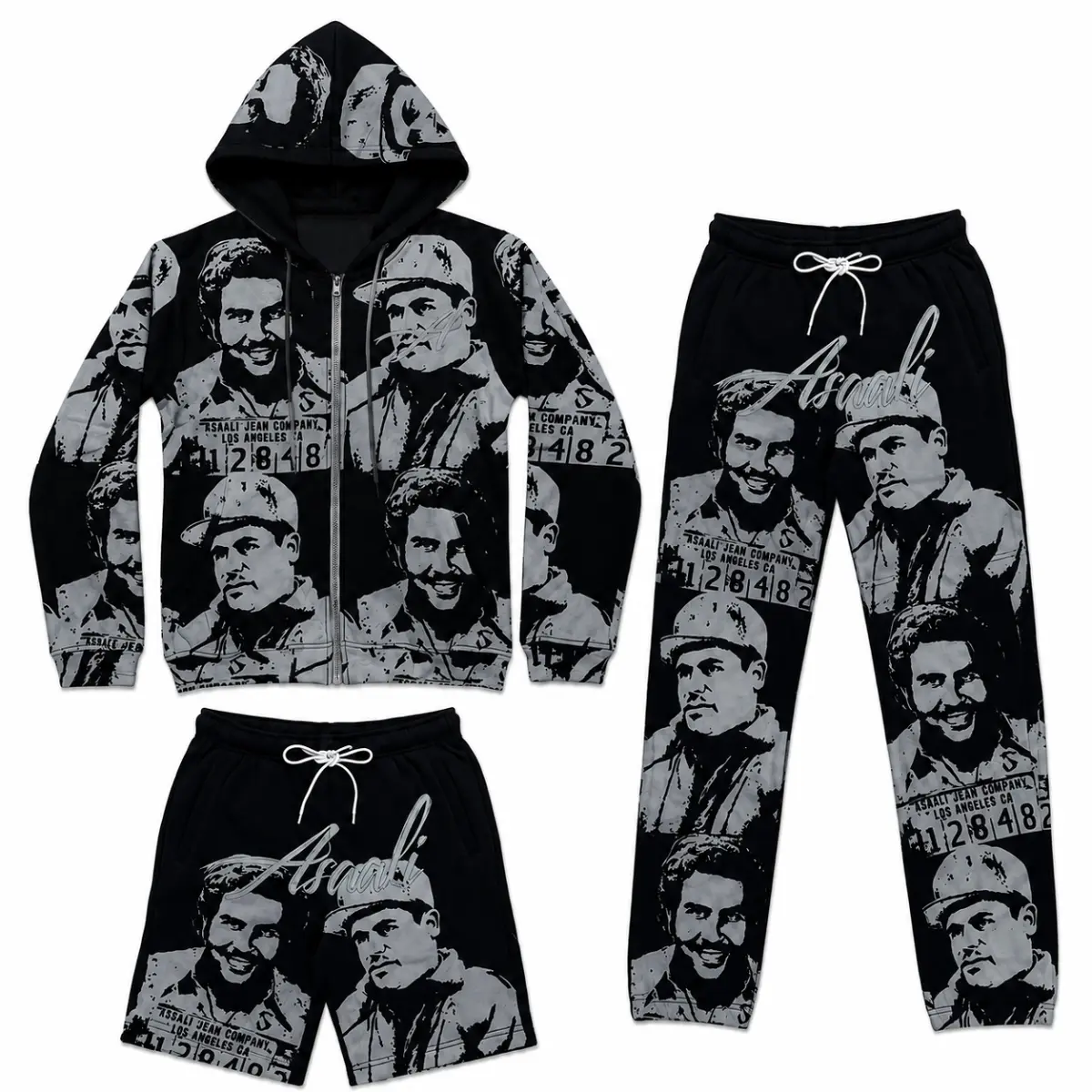 Asaly Vintage Mugshot Graphic 3 Piece Tracksuit Set, Zip Up Hoodie Jogger Pants & Shorts, Urban Streetwear Matching Outfit