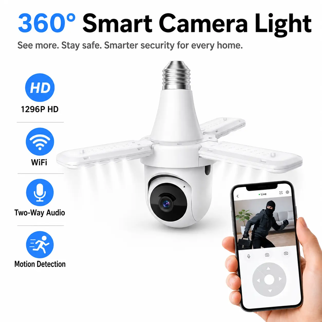 E27 Bulb Security Camera with 3-Panel LED Light, 1296P WiFi Indoor Camera, 355° Pan Tilt, Motion Tracking & Two-Way Audio