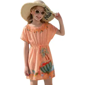 Haloumoning Girls Swim Cover Up Kids Summer Printed Short Sleeve Swimsuit Coverup Beach Bathing Suit Swimwear 5-14Y