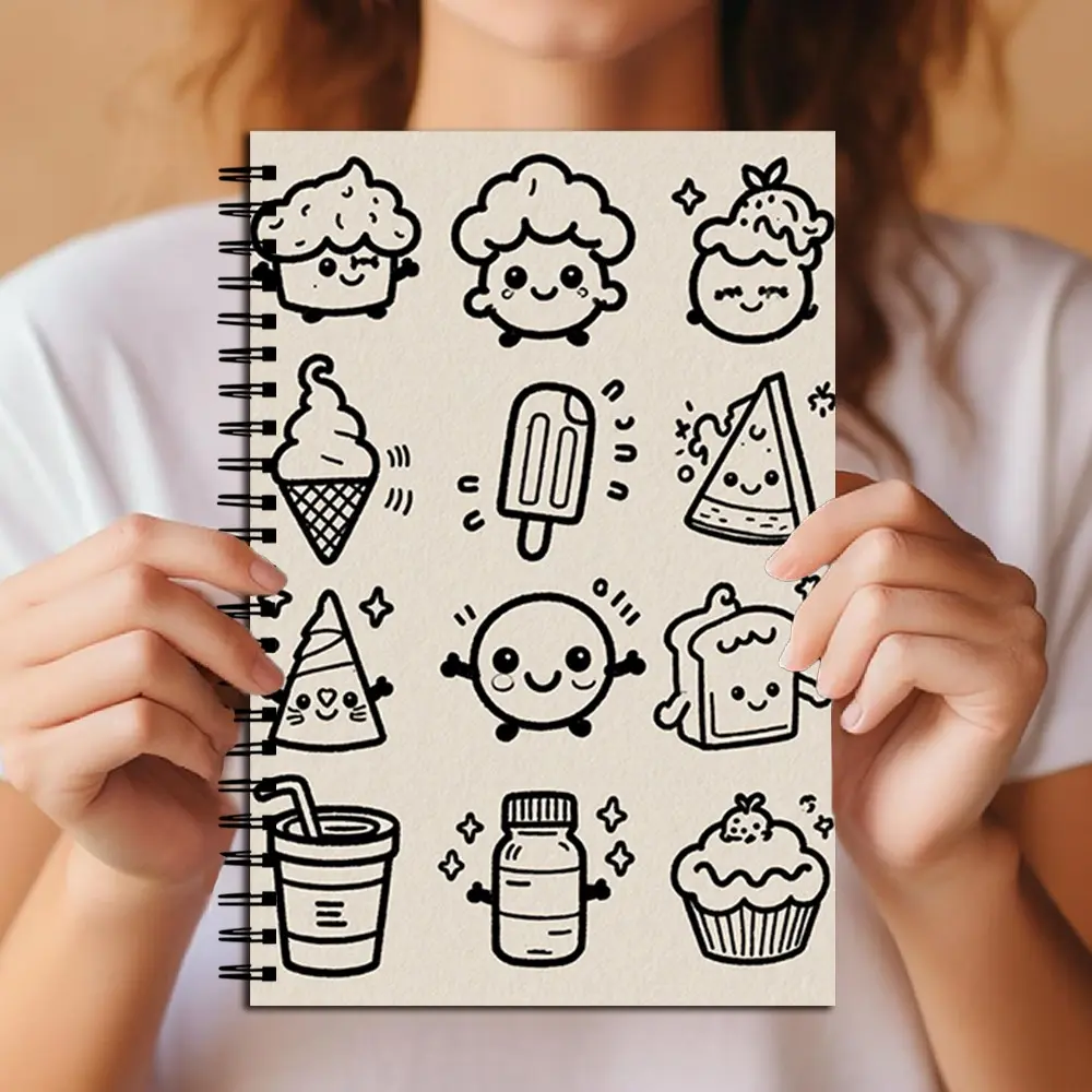 Cute Food Doodle Spiral Notebook, Kawaii Dessert & Snack Illustration Journal, Minimalist & Line Art, Wide Ruled Paper