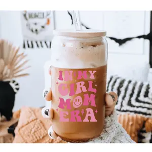 In my girl mom era glass cup Drinkware Coffee beer cup christmas tumbler christmas glass iced friend gift straw coffee tumbler drinking funny coffee glass  cute mug woman drinkware clear can shaped birthday mugs Bottles wa water with Bamboo Lid and Straw