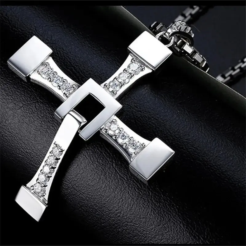 Fast and Furious Cross Necklace Dominic Toretto Cross Rhinestone Pendant Necklace Titanium Stainless Steel Necklace for Men