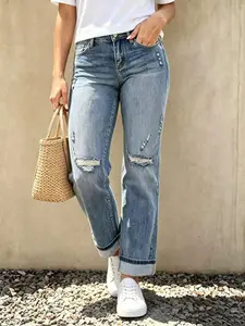 Straight Leg Jeans for Women Mid Rise Cropped Ripped Distressed Cuffed Jeans Boyfriend Ankle Denim Pants with Pockets