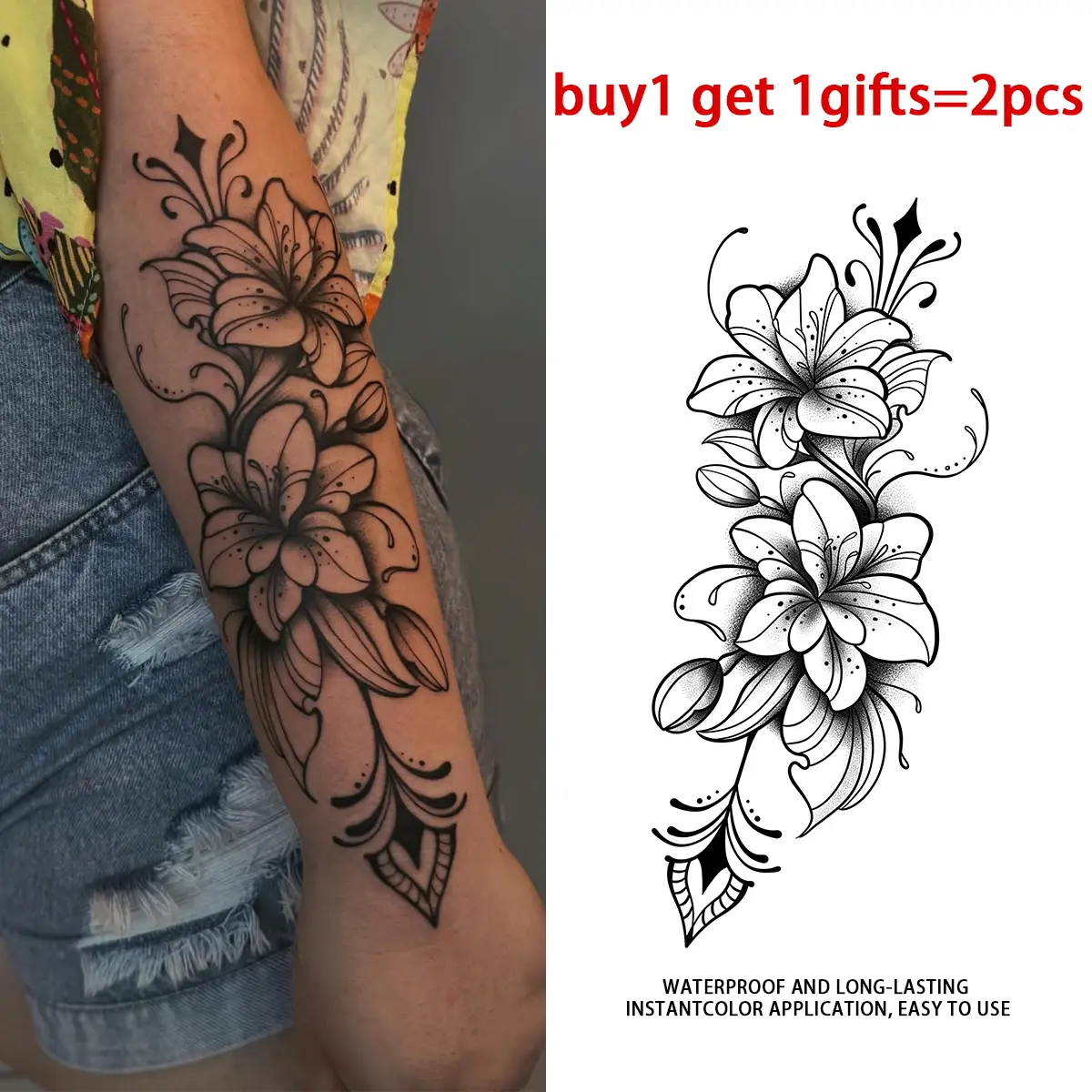 Semi-Permanent Tattoo Stickers, 2 Sheets Lily Floral Design for Women, Waterproof and Realistic Plant-Based Tattoos, Easy Apply for All Skin Types, Ideal for Swimming & Parties, 2 Pcs, All Skins, Temporary Tattoos