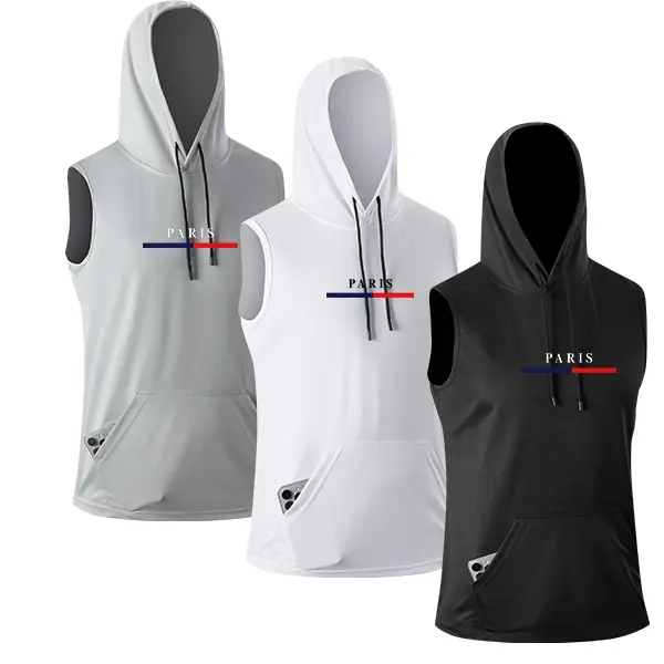 3-Pack Men’s Summer Sleeveless Hooded Vest with Paris Letter Print and Pockets, Breathable Quick-Dry Sports Vest for Fitness and Running