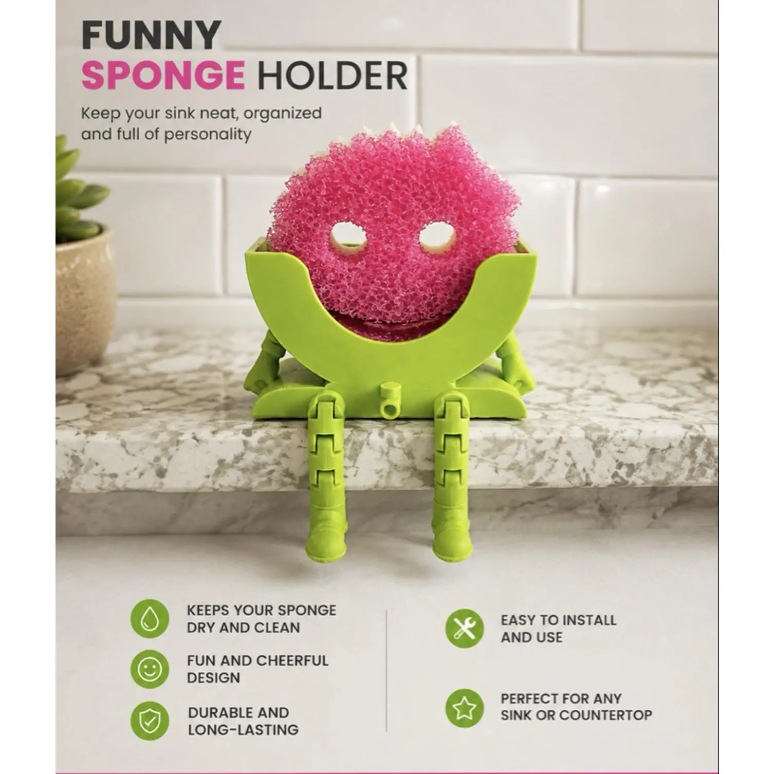 Funny Sponge Holder - Keeps Sponge Dry Clean Fun Cheerful Design Easy Install Perfect for Sink or Countertop  pick any color you like