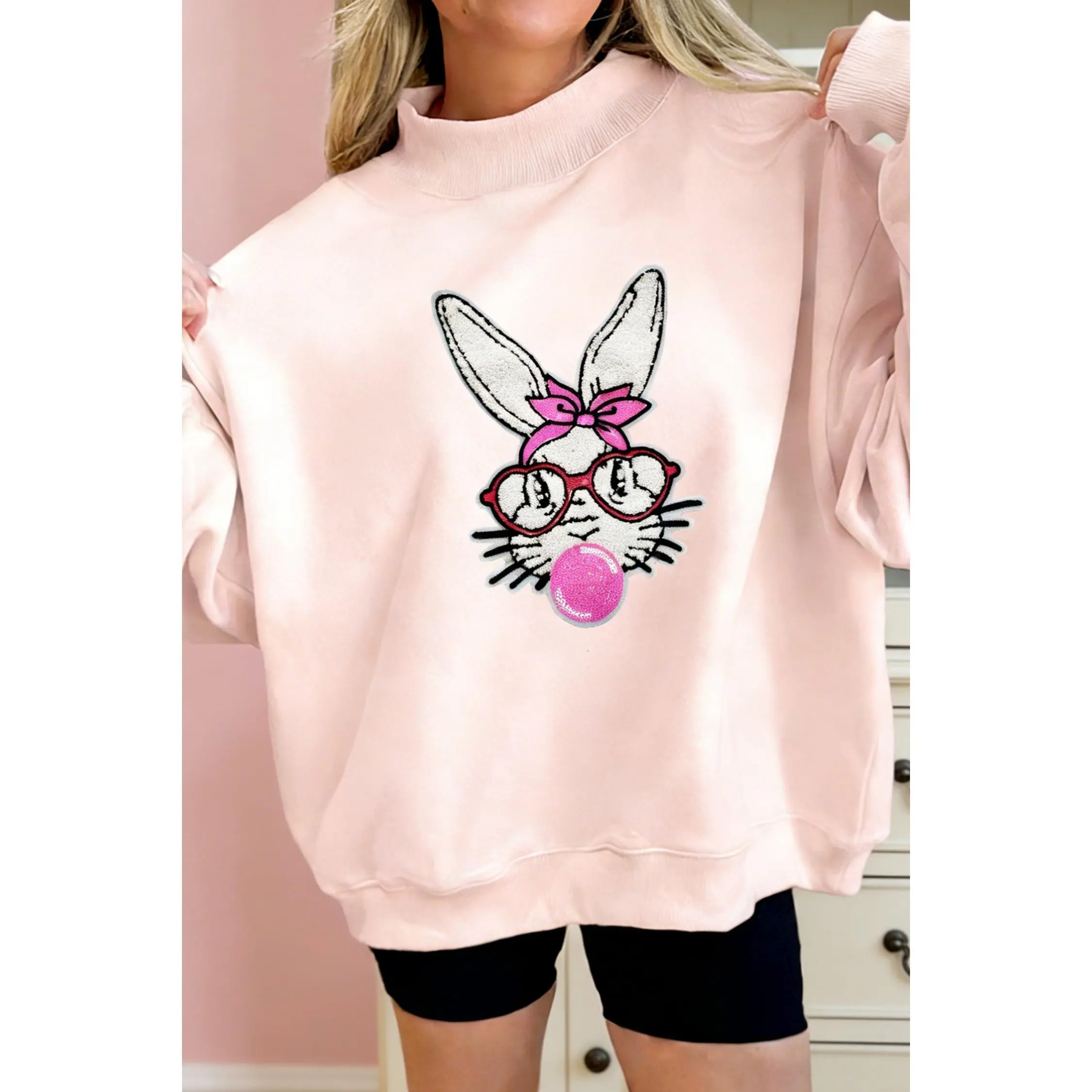 Apricot Pink Bubble Gum Bunny Chenille Patch Sweatshirt