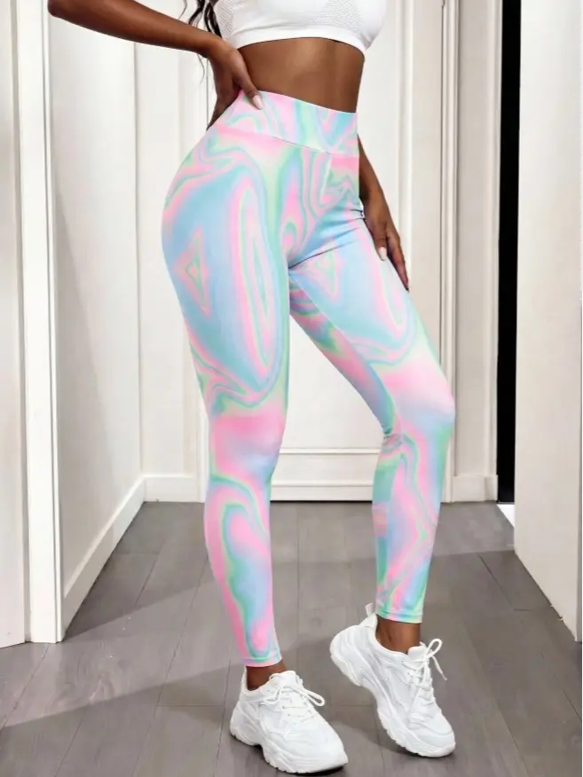 Rainbow Tie Dye Core Rhythm Printed Women's Leggings – High Waist Slimming Sports Tights, Stretchy Elastic Yoga Pants, Comfortable Workout Activewear, Running Fitness Outerwear, Fashionable Casual Leggings