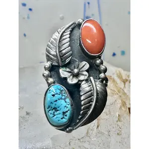 Turquoise ring coral band leaves squash blossom Navajo size 6.75 sterling silver women
