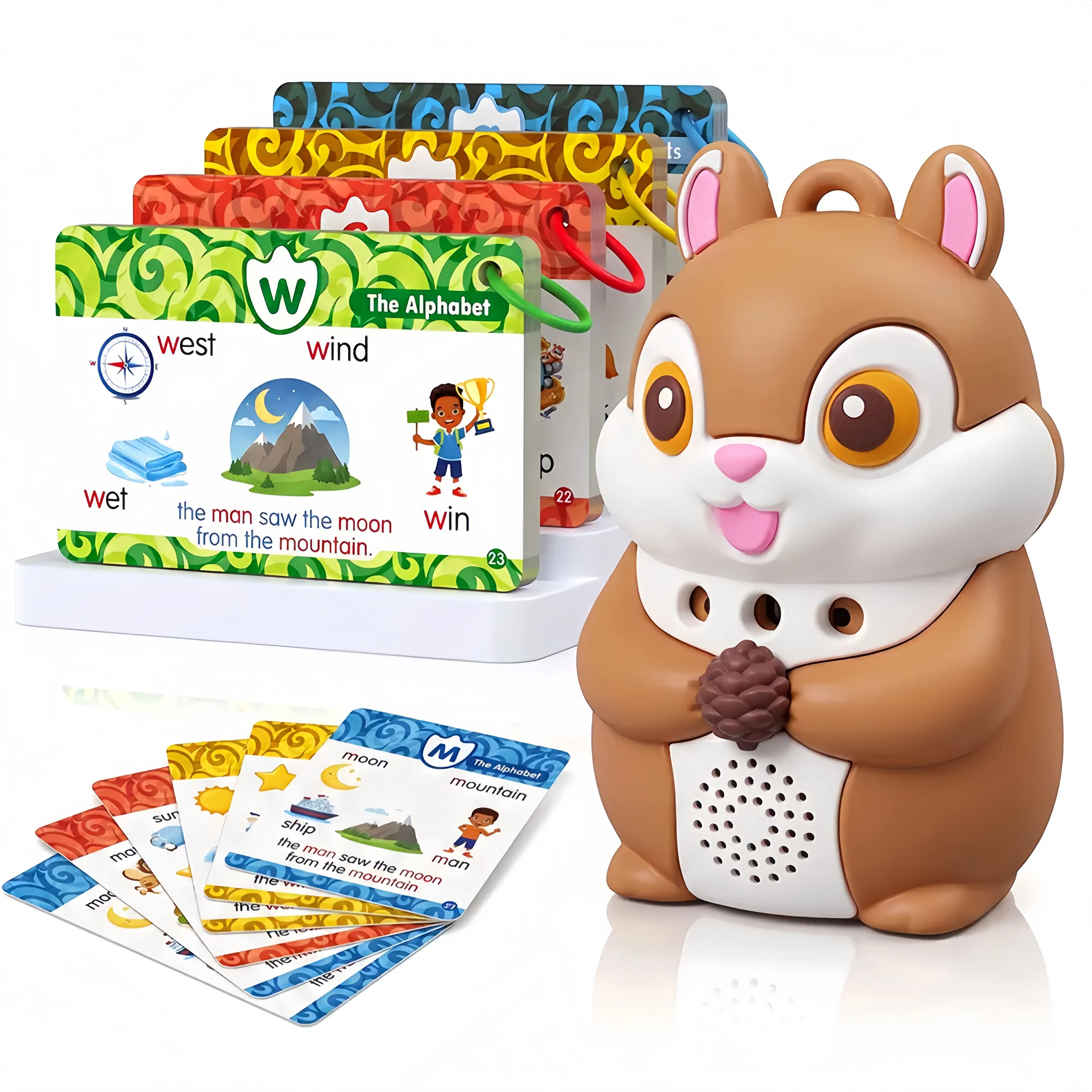 Squirrel Talking Flash Cards with Interactive Learning Stickers Montessori Phonics & Sight Words Set 148 Cards 592 Words 5 Categories 6 Stickers Cute Cartoon Squirrel Shape Interactive Reader Educational Toy for Kids - Flashcards