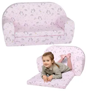 Delsit Toddler Sofa & Couch for Baby - Versatile 2 in 1 Foldable Double Sofa, Kids Couch - Toddler Couch w/ Washable Cover, 100% Cotton, Sofá Para Niños Pequeños - Unicorn & Rainbow Pink