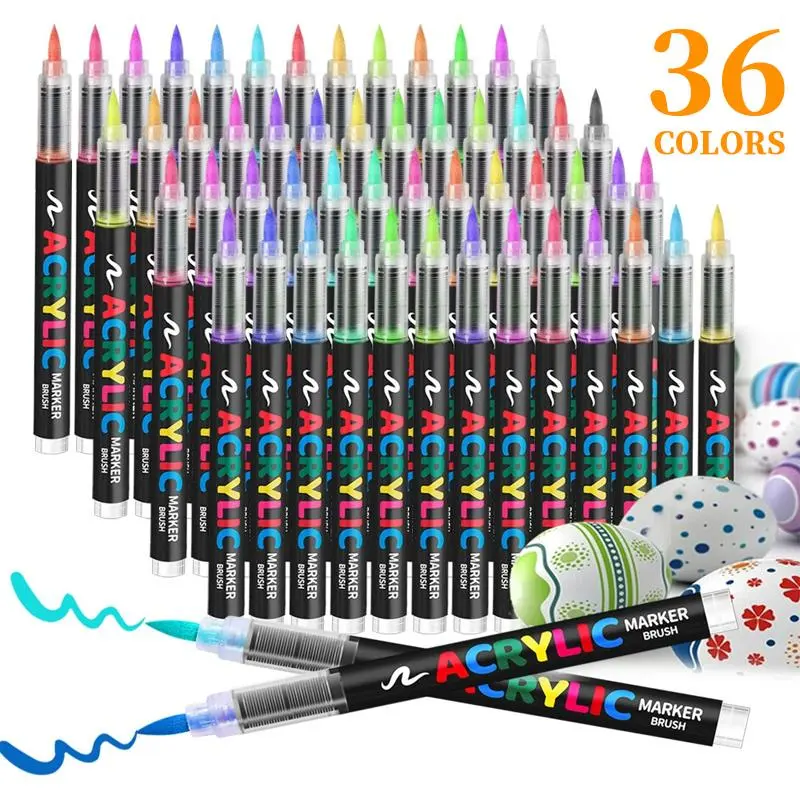 36-Color Acrylic Paint Markers, Brush & Fine Tip for Rock Painting，Brush-Tip Acrylic Markers with Waterproof Long-Lasting Ink for Rock, Wood，Canvas, DIY Crafts Art Supplies ,Non-Toxic Art Supplies,Great for Home Projects & Festive Party Gifts