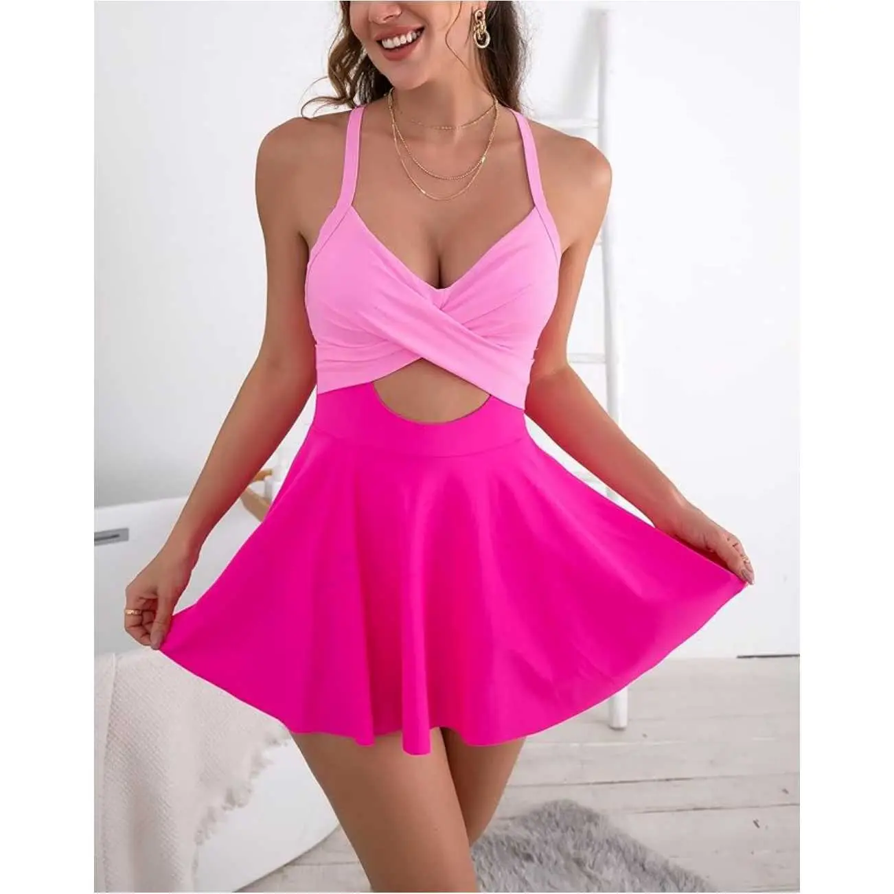 Women's Plus Size Hollow Out One-Piece Skirt Swimsuit V-Neck Strapless Backless Tie Hot Spring Swimsuit