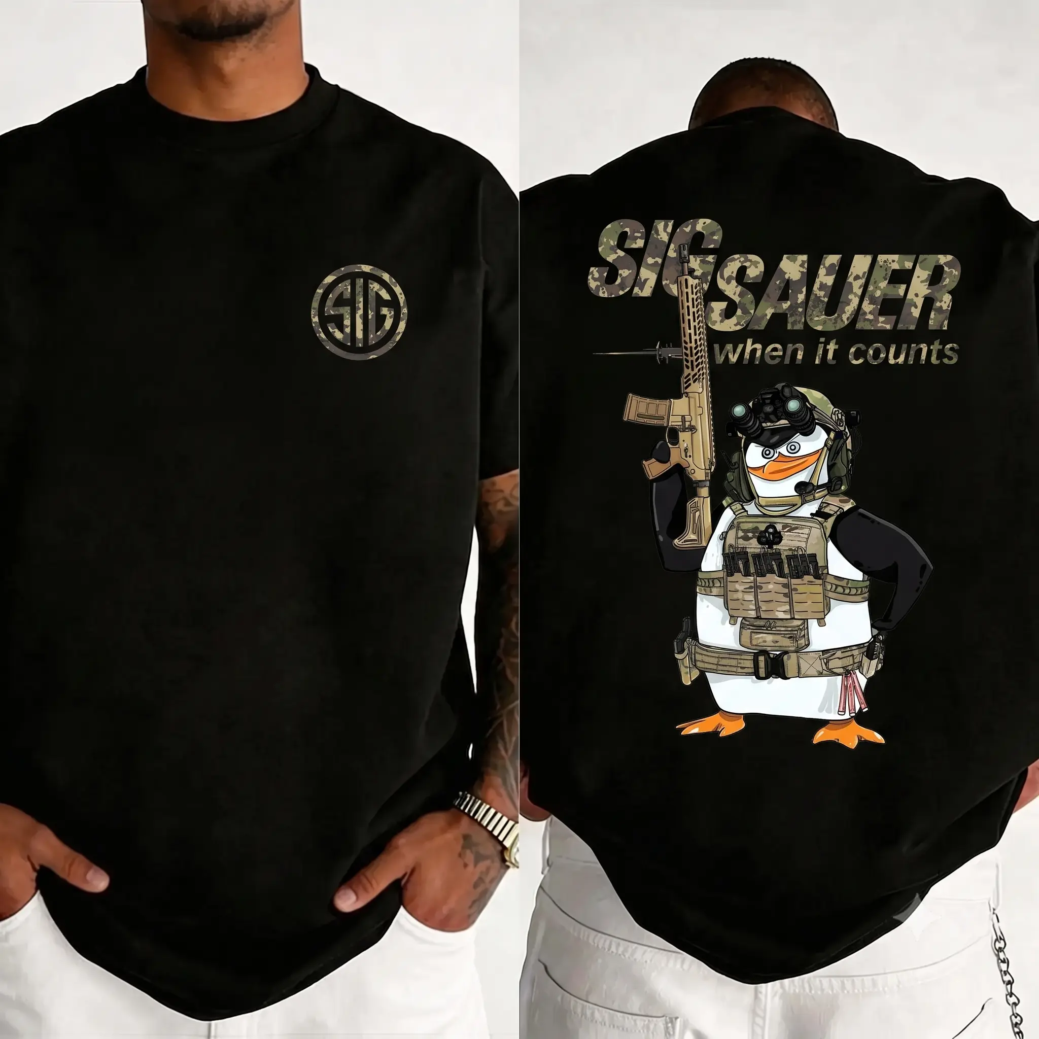Men's Short-Sleeve Sig Sauer Tactical Penguin Graphic T-Shirt - 2A Shooter Tee, Funny Gun Enthusiast Streetwear, Range Gift for Sig Fans