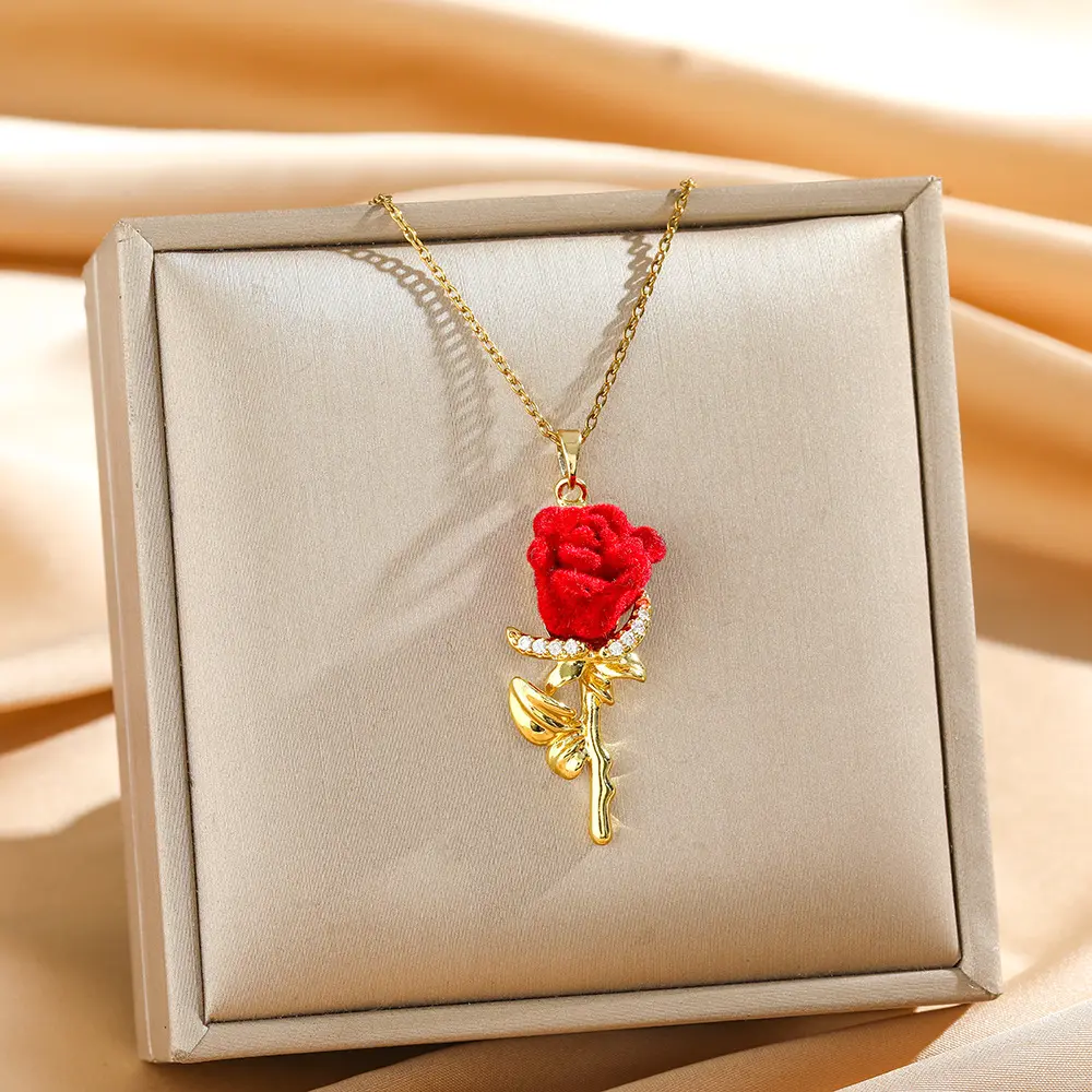 Women's Red Rose Motif Titanium Steel Collarbone Chain - Copper Micro-Inlay, Casual/Formal Versatile High-End Necklace, A10133-XL