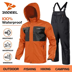 RODEEL Waterproof Bib Overalls Rain Suit Men Lightweight Breathable Full Zip Hooded Jacket Durable Rain Coat Weatherproof Rainwear Windbreaker For Outdoor Hiking Camping Fishing Construction Landscaping Gardening Workwear, Holiday Gift
