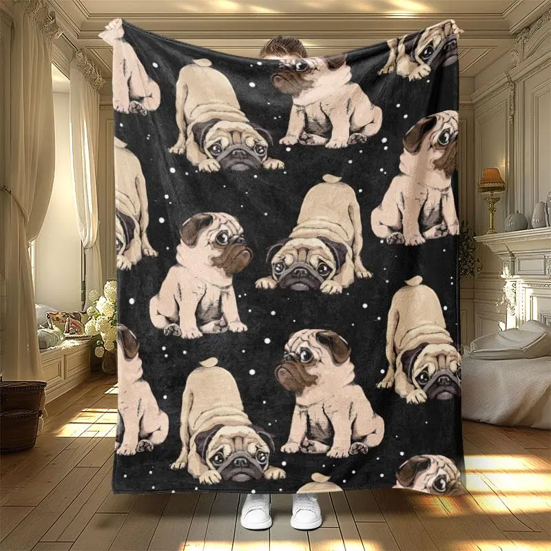 Cute Pug Pattern Flannel Blanket, Fluffy Blanket, 1 Count Lovely Casual Soft Warm Nap Throw Blanket, Air-conditioned Room Blanket for Home Dormitory Camping Office