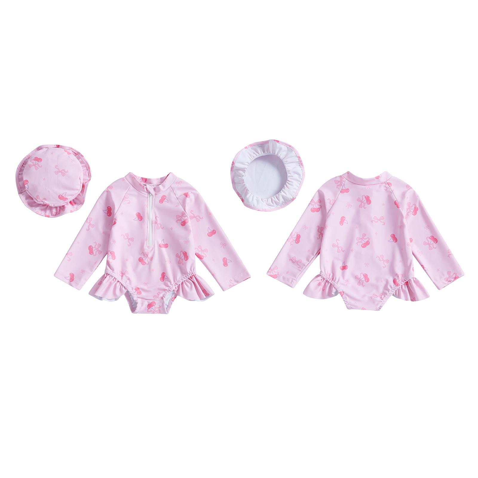 Baby girl cherry blossom two-piece swimsuit set - zipper long sleeved UV protection and sun protection, with ruffled edges and matching sun hat (0-3T) Baby girl cherry blossom two-piece swimsuit set - zipper long sleeved UV protection and sun protection, with ruffled edges and matching sun hat (0-3T)