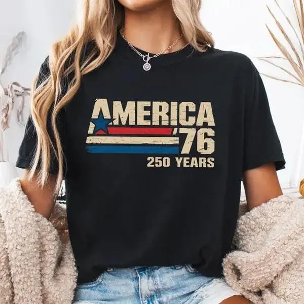 Women's Graphic T-shirt with Vintage America 76 Digital Print - Casual Oversized Streetwear with Drop Shoulders & Round Neck, Tshirt, Cotton, Crew Neck, Big-Tall, Clothes