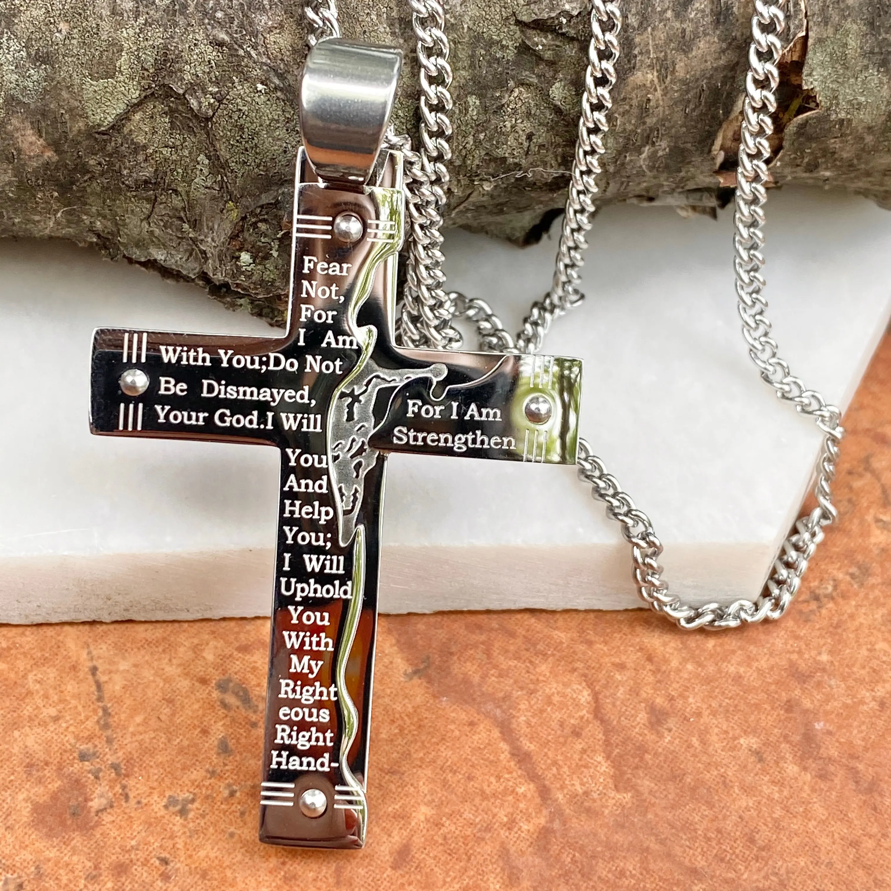 Stainless Steel Etched Isaiah 41:10 Prayer Large Cross Chain Necklace