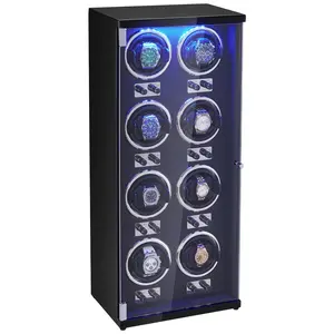 VEVOR Watch Winder, Watch Winder for 8's Automatic Watches, with 8 Super Quiet Japanese Mabuchi Motors, Blue LED Light and Adapter, High-Density Board Shell and Black PU