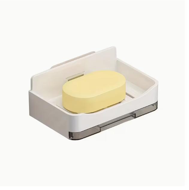 Wall-Mounted Soap Dish with 2 Soap Trays and Chain Hook - Durable Plastic Bathroom Organizer, Space-Saving Modern Design, Suitable for Shower or Sink Area, Bathroom Organization and