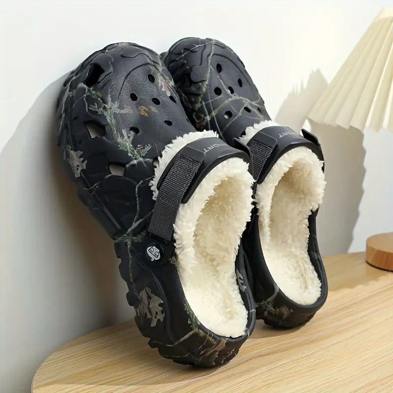 Brand Bdhjydb Men'S Winter Camouflage Slippers |   Detachable faux fur Lining, EVA Wooden Sole, Non-Slip Indoor and Outdoor Home Shoes with Adjustable Strap Closure, PU Fabric Upper, Soft Fabric Lining, Suitable for Cold Floors, Comfortable Casual Winter
