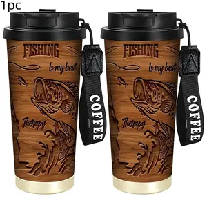 Gift for Colleagues Friends, 18oz Fishing Healing Coffee Cup Tumbler, Wood Grain Carved, Essential for Fishing Enthusiasts, Dual Use