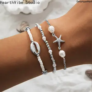 Handmade Starfish Shell Rice Bead Bracelet Set, Summer Beach Jewelry for Women