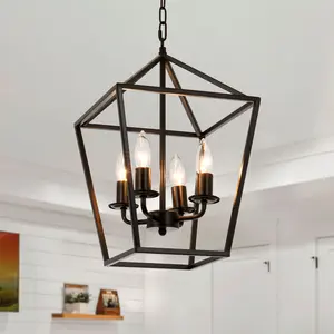 Black Geometric Industrial-Style 4-Head Pendant Light - Adjustable Length