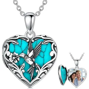 Hummingbird Locket Necklace That Holds 1 Picture 925 Sterling Silver Turquoise Heart Locket Pendant Personalized Photo Animal Jewelry Gifts for Women Grandma