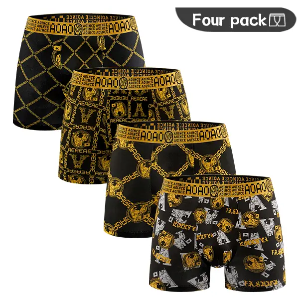 Men's 4-Pack Print Flat-Cornered Polyester Boyshorts, Mid-Waist Belted Underwear with Elastic Waistband, Super Soft, Skin-Friendly, Lightweight & Quick-Drying