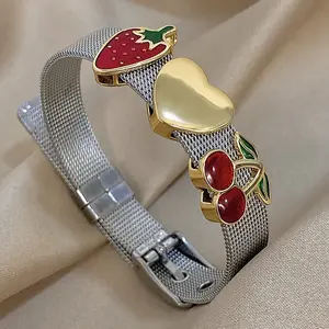 1pc Stainless Steel Classic Golden Metal Bracelets| Exaggerated Statement Movable Enamel Strawberry Cherry Belt Shape Bangles, Cute Oil Painting Design, Ideal for Daily and Vacation Use, Perfect Valentine'S Day Gift and Party Accessory men bracelet money