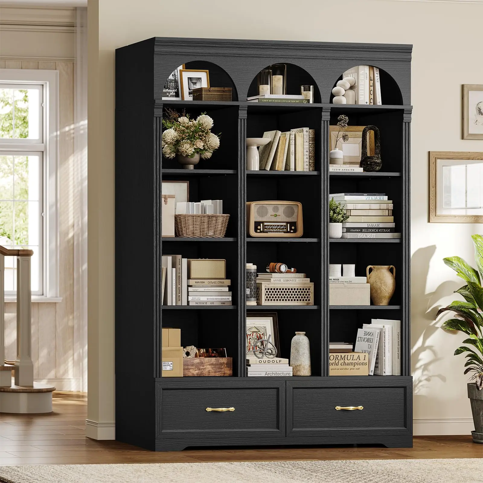 73.3" H Triple Arched Bookshelf, 6-Tier Bookcase with 2 Drawers & 15 Open Storage Shelves (5 Adjustable), Modern Display Storage Cabinet, Bookcases for Home Office (Black)