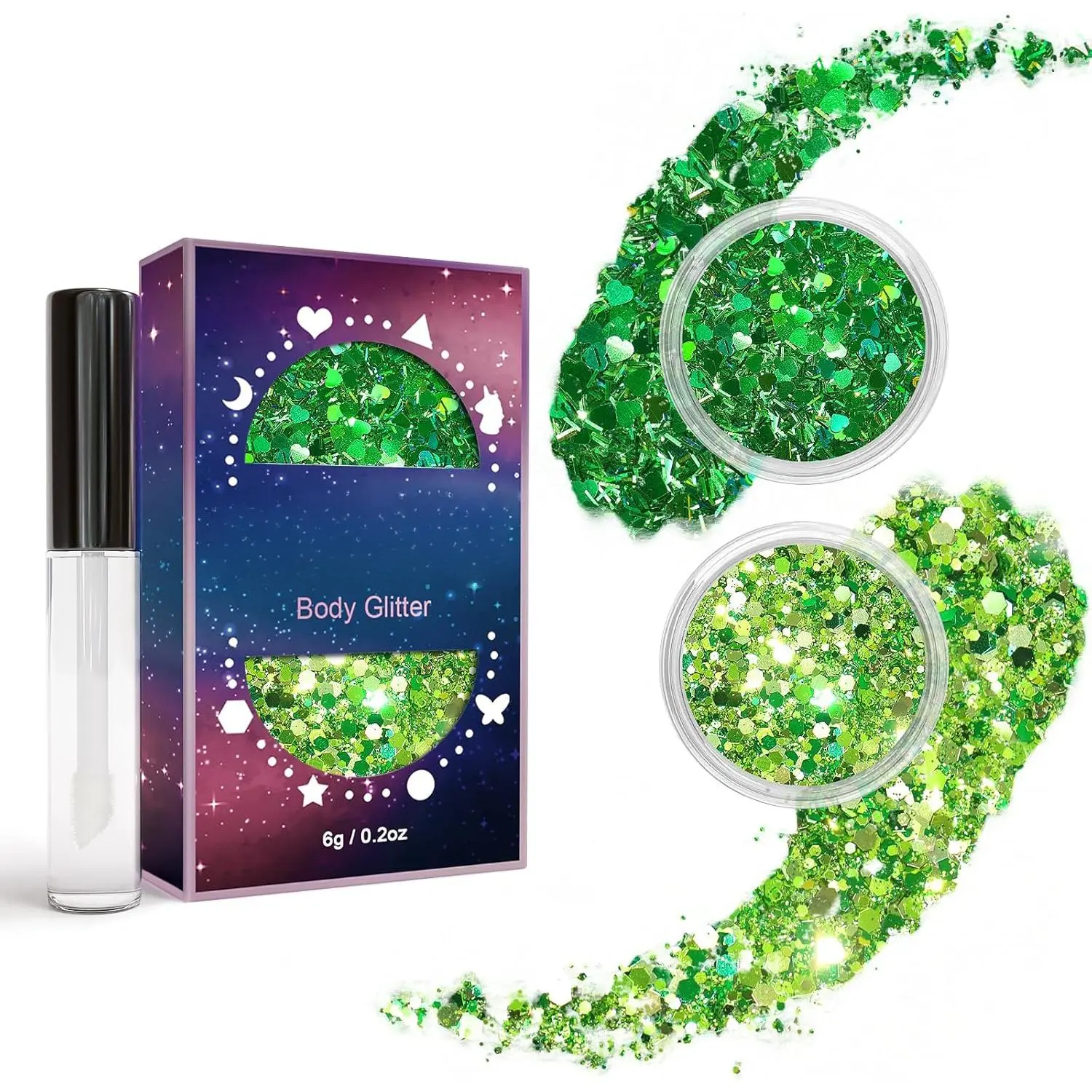 Chunky Body Glitter Kit with Primer, 2 Jars of Holographic Glow-in-the-Dark Cosmetic Sequins with Stars & Hexagon Shapes for Women & Girls - Face & Body Makeup for Festivals, Nightclub, Round, Glitter Powder, Nail Art Craft, Gift, Butterfly, Crafts, Heart