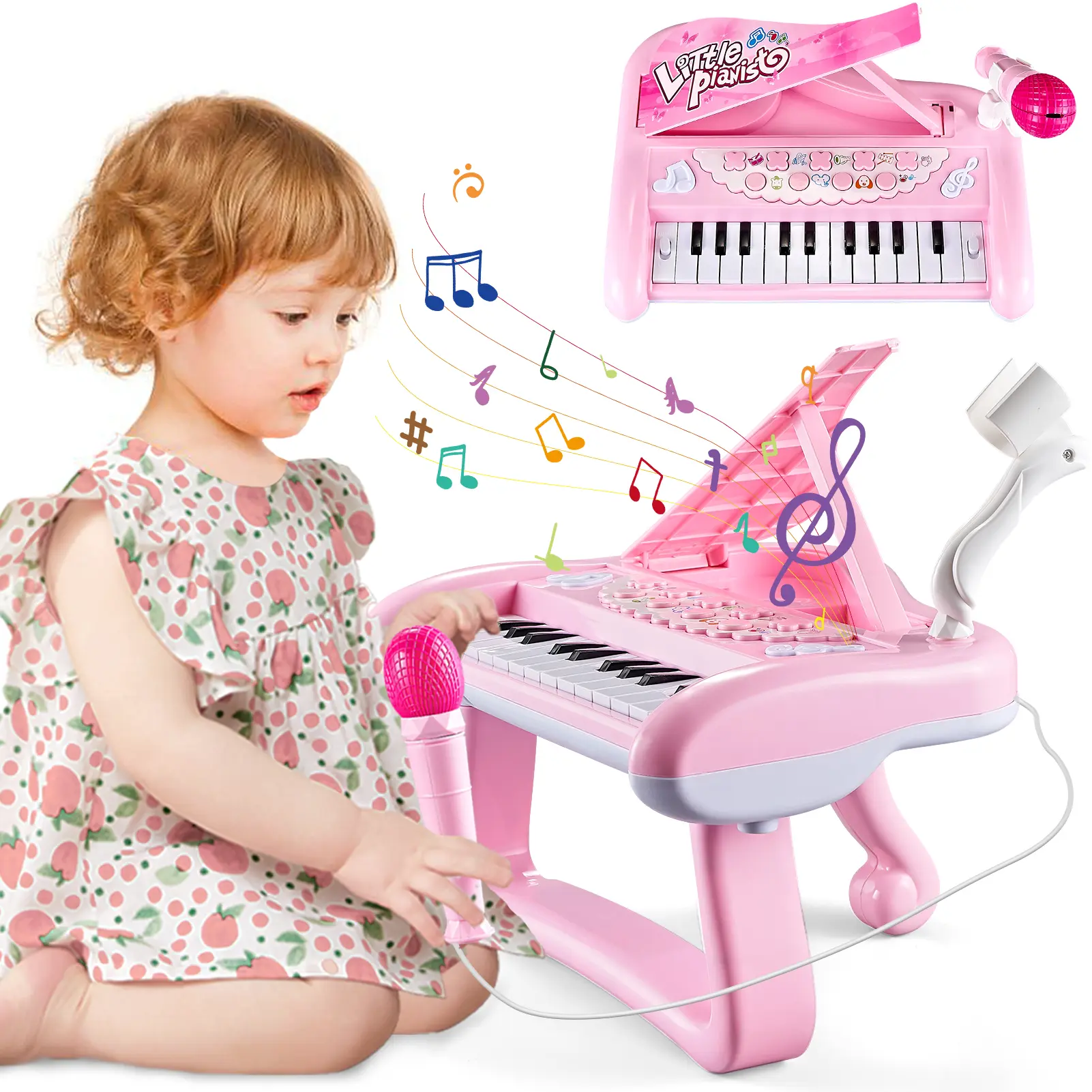 22-Key Pink Piano Musical Learning Toy with Microphone, LED Light, ABS Material, Gift Box - Toddler Educational Keyboard for 1-3 Year-Old Girls, Ideal for Parties, Birthdays