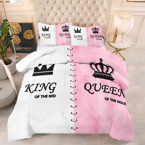 King & Queen Royal Style Couple Quilt/Comforter Set (2/3Pcs): Includes 1 Quilt + 1/2 Pillowcases (No Filler), Patterns of Crowns, Two Tone, Romantic Heart Arrows for Couple Bedrooms, Luxury, Duvet Cover Sets, Duvet Set