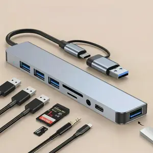 USB-C 8-Port Hub Expander with USB C Interface 4 USB 3.0 Ports 1 USB-C Jack TF/SD Card Reader 3.5mm Audio Output for iPhone 15 16 17 iPad Pro Laptop Galaxy Phones High-Speed Data Transfer USB Port Adapters