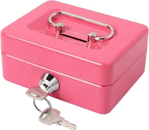 Metal Cash Coin Storage Box, Cash Box with Money Tray, Small Box with Lock and Slot, Piggy Bank for Kids, Pink, Decor Ornaments