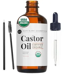 Kate Blanc Cosmetics Castor Oil Organic (2oz), 100% Pure, Cold Pressed, Hexane Free. Stimulate Growth for Hair, Eyelashes, Eyebrows. Hair Treatment Starter Kit & Skin Moisturizer