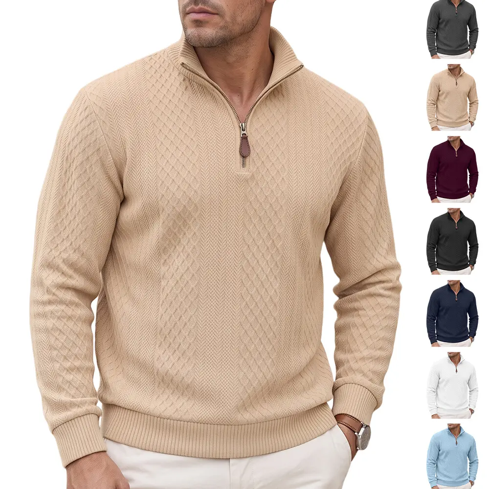 Men’s Slim Fit Business Chinos Knitwear Pullover - Diamond-Texture Half-Zip Mock Neck Sweatshirt with Leather Zipper Pull, Thick Jacquard Knit, Ribbed Hem, Long Sleeves for Autumn/Winter Commuting, Casual Wear