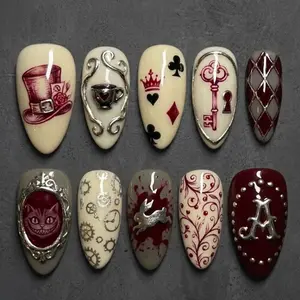 Gothic Wonderland Playing Card Press On Nails, StoryBook Alice Vintage Dark Fantasy False Nails