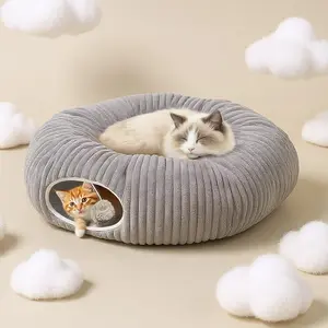Cat Tunnel Bed for Indoor Cats, Peekaboo Cat Cave Bed, Detachable and foldable multifunctional cat bed Cat Bed Soft Cat Donut Tunnel for Kitten Large Cats, Grey