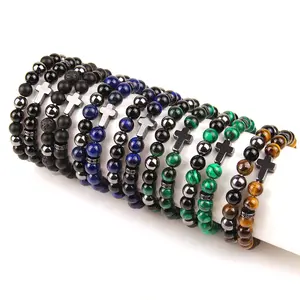 Triple Protection Cross Bracelet for Men Handmade Natural 8mm Black Tourmaline Onyx Hematite Tigers Eye Stretch Bracelet for Gift