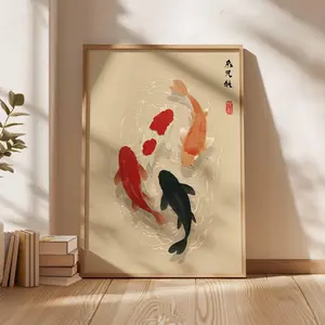 Japanese Koi Fish Poster, Minimalist Asian Wall Art, Zen Water Painting, Japandi Decor, Tranquil Pond Print, Modern Oriental Artwork